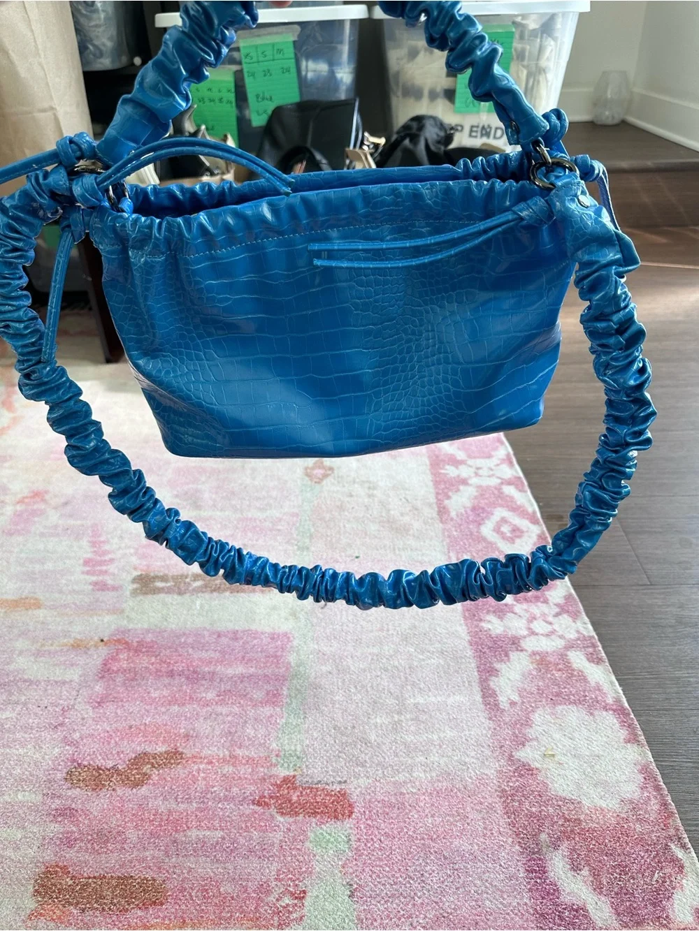 Bright Blue Croc-Texture Ruched Handle Shoulder Bag